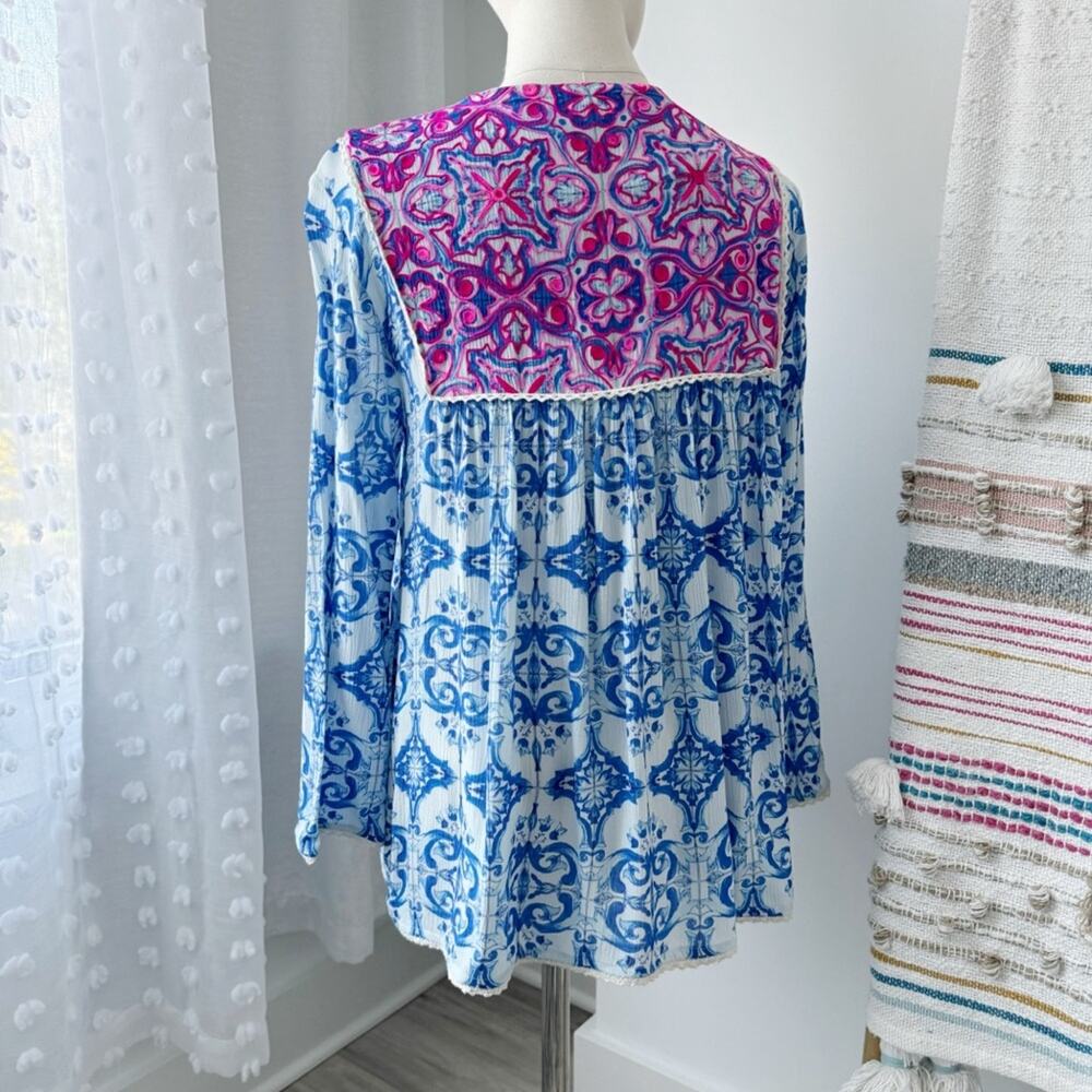 Hemant & Nandita Blue Pink Embroidered Beaded Tassel Tie Cape Top Women’s Small - Picture 5 of 11
